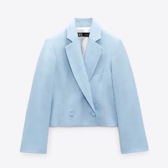 ZARA SKY BLUE LINEN CROPPED BLAZER - Picture 7 of 7